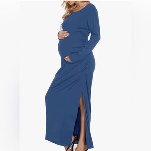 Long sleeve blue maxi maternity dress